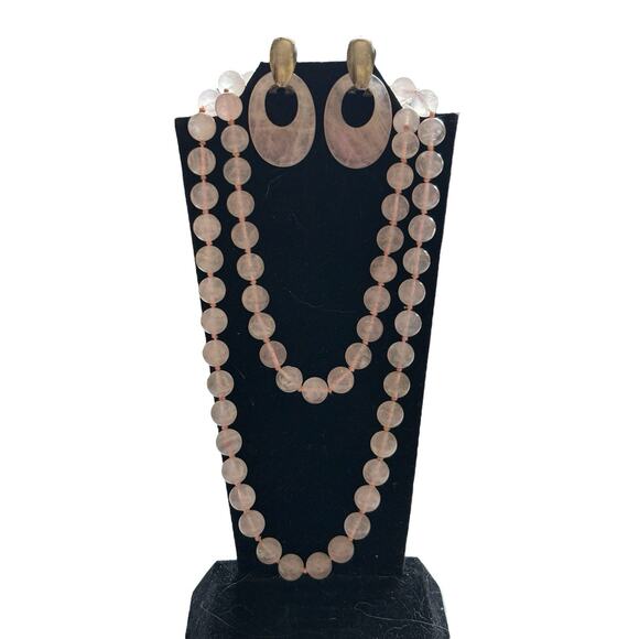 Rose Quartz Necklace Pierced Earrings Set Vintage Knotted Bead Pink Silver Tone - Picture 4 of 6